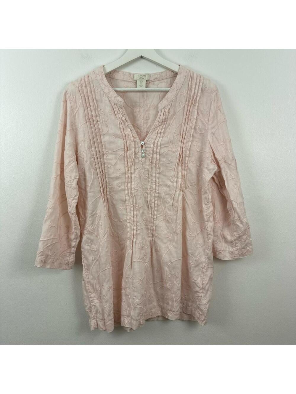 Saint Tropez West Linen Pintuck Embroidered Blouse Women's Size L